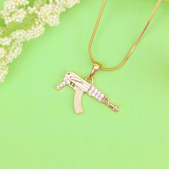 "AK-47 Shaped Rose Gold Pendant with Crystal Detailing, XPPT1556 - Picture 13 of 13